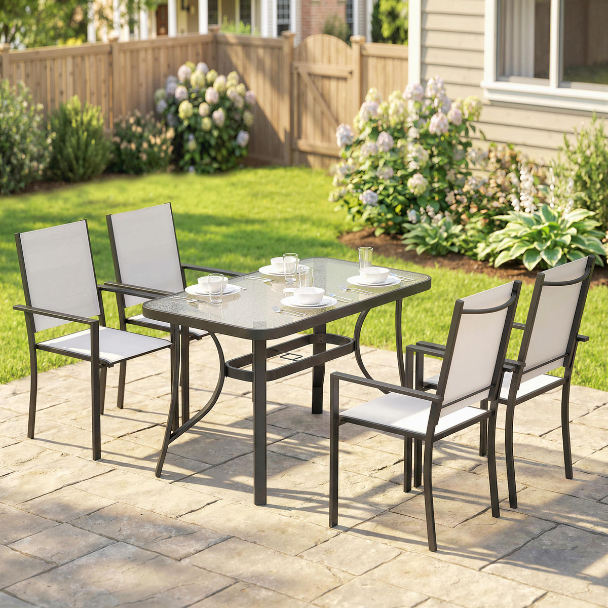 GARTEN-SET 5-teilig,4 stapelbare Stühle+Glastisch mit Schirmloch,hellgrau - Grau, Metall - Vallsero