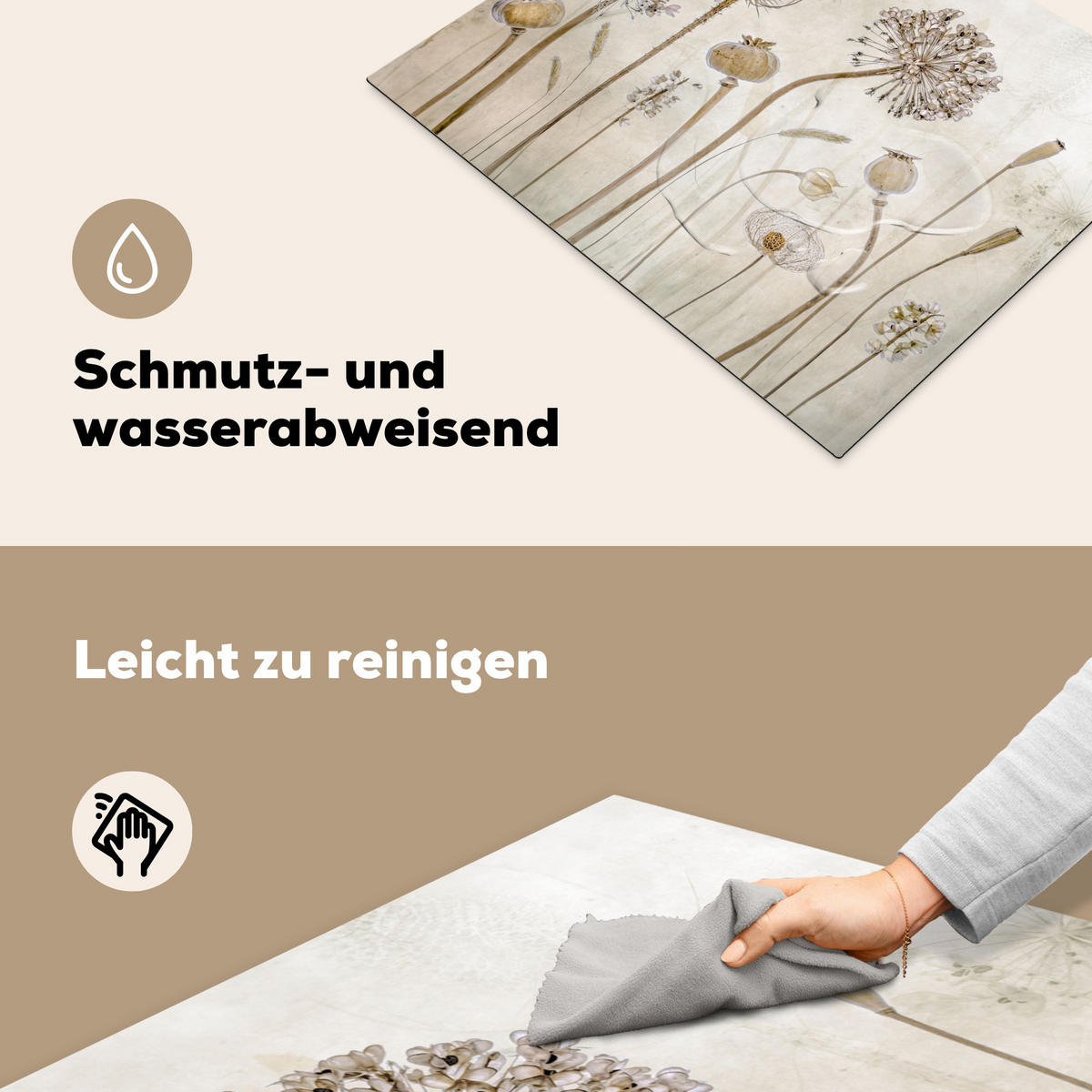 HERDABDECKPLATTE Blumen - Aquarell - Stilleben - Braun - Vintage Herdabdeckung Induktionsfeld 65x52 cm - Sandfarben, Kunststoff (65/52/0.2cm) - MuchoWow