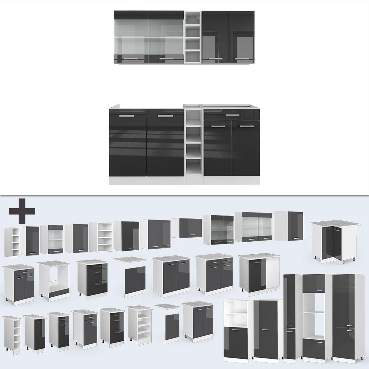 SINGLEKÜCHE R-Line Anthrazit Hochglanz/Weiß 160 cm, AP Anthrazit - Anthrazit/Weiß, Holzwerkstoff (160/81.6/60cm) - Vicco