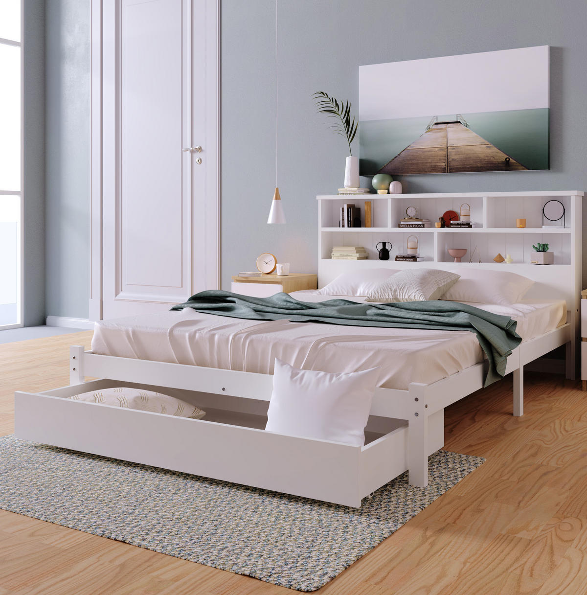 DOPPELBETT 140/200 cm Weiß mit Schubladen und Bücherregal-Design - Weiß, Holz (140/200cm) - OKWISH