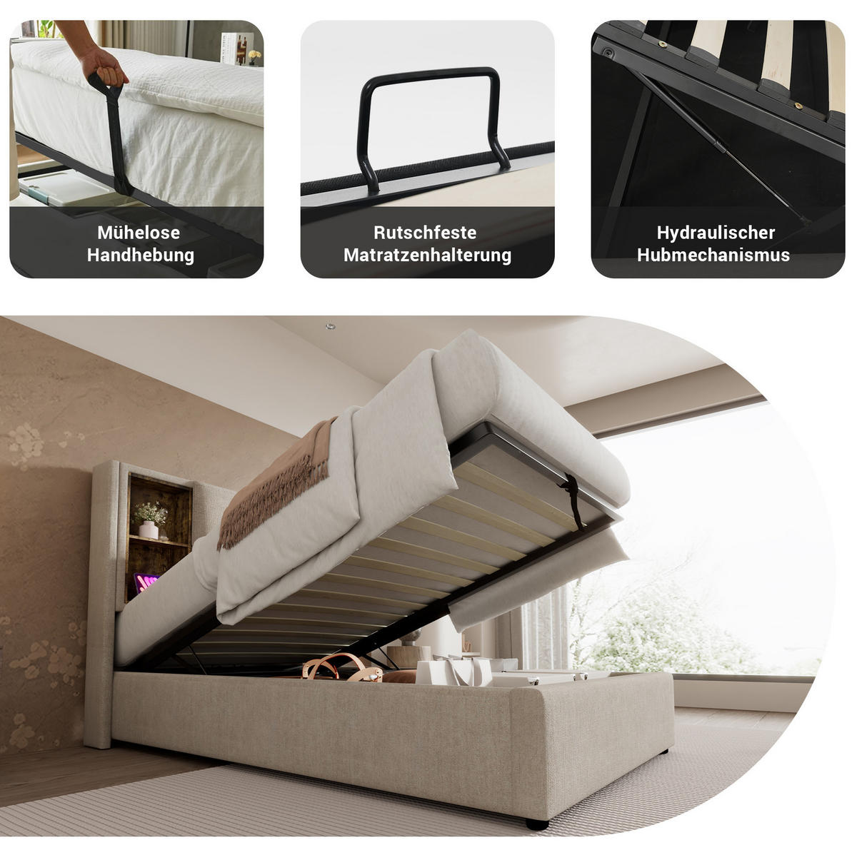 POLSTERBETT 90/200 cm aus Leinen mit kabelloser Ladefunktion, USB-C, Bettkasten und Matratze, Natur - Naturfarben, Textil (90/200cm) - Redom