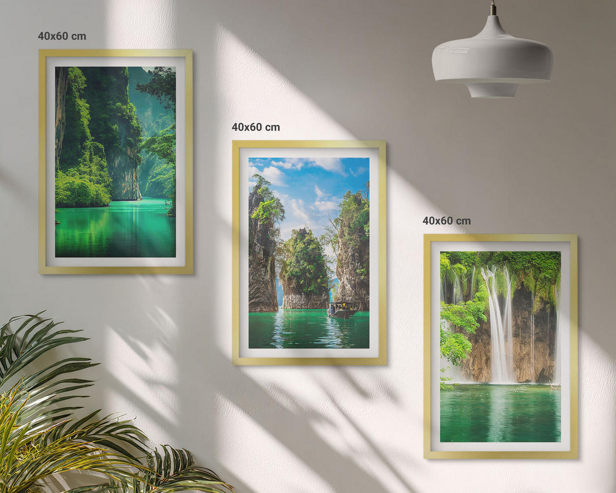 WANDBILDER 3er Set - 40x60 cm Goldrahmen - Grüne Landschaften, Wasserfälle - Goldfarben, Kunststoff (40/60cm) - ArtPrintCave