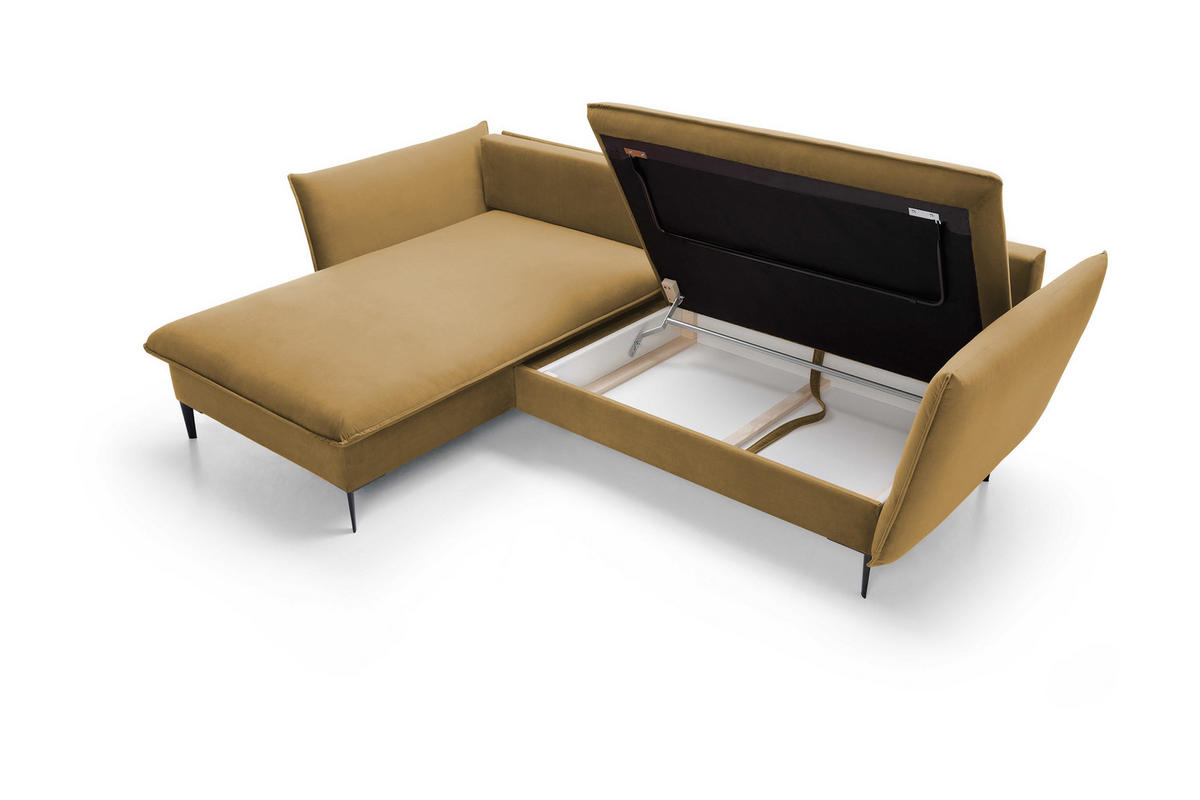 ECKSOFA GLOSS mit Schlaffunktion, Ottomane & goldenen Füßen – Samtsofa im GLOSSour-Stil mit Zierkissen, 258x167x91cm, Linke, LILA - Bordeaux, Holz/Textil (167/258cm) - DomoHome