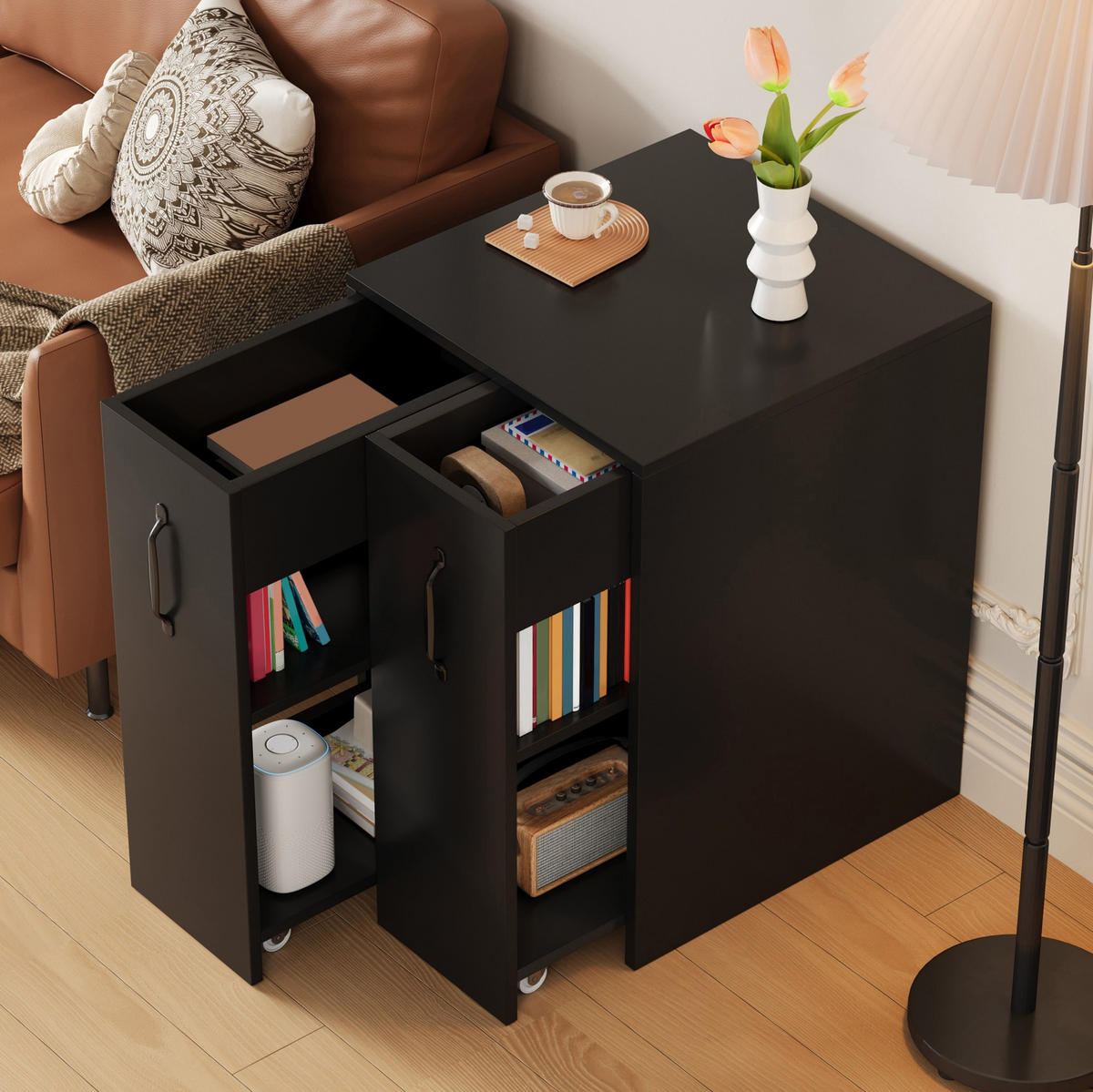 BOČNÍ skříňka 52/50/75 cm černá z dřevotřísky na kolečkách s výsuvnými bočními moduly - černá, kompozitní dřevo (52/75/50cm) - OKWISH