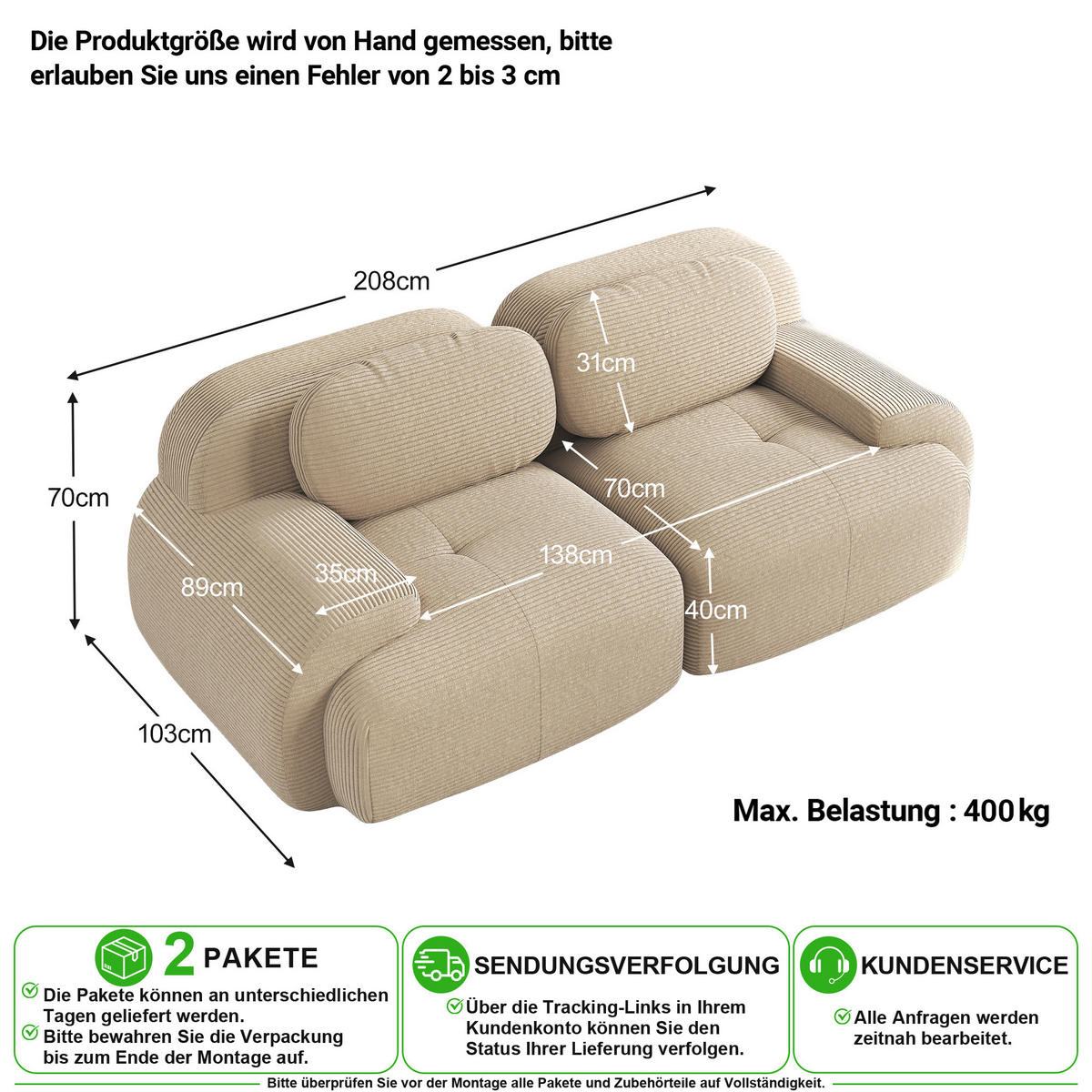 SOFA 2-Sitzer in Beige aus Cord mit modularem Design und geschwungenen Armlehnen - Beige, Textil (208/75/103cm) - CHICFURN