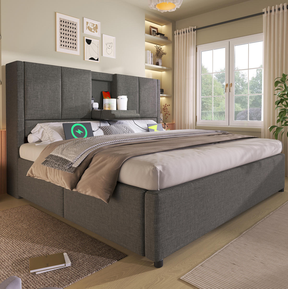 POLSTERBETT mit Stauraum & Ladestation 140x200 cm Leinen Grau - Grau, Metall (140/200cm) - Meubliv