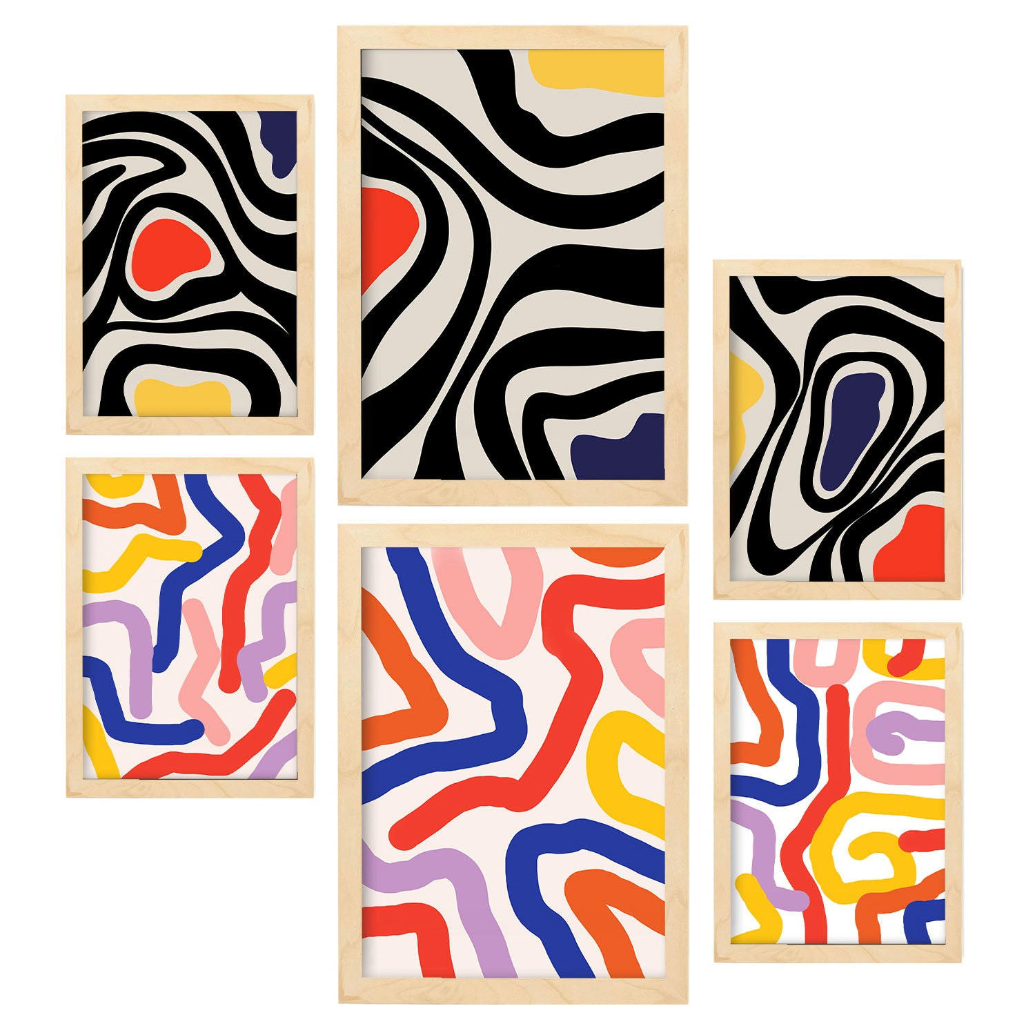POSTER Set Mit 6 Florid Wie In Farbenfrohe Zusammenfassungen A3 & A4 Rahmen Aus Hellem Holz - Beige, Papier (29/3cm) - Nacnic