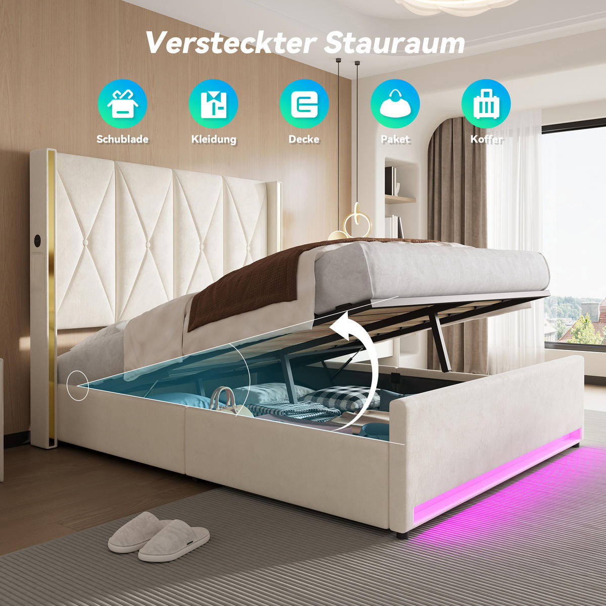 POLSTERBETT 160/200 cm in Beige Samt mit Bettkasten, LED, USB und Seitentaschen - Beige, Holzwerkstoff/Textil (160/200cm) - STILVORA