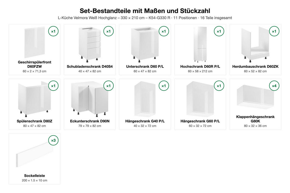 ECKKÜCHE – 330 cm – K54-G330 R – Velmora – Weiß Hochglanz – ohne E-Geräte - Weiß, Holz (330/212/210cm) - ROYAL24_MARKT