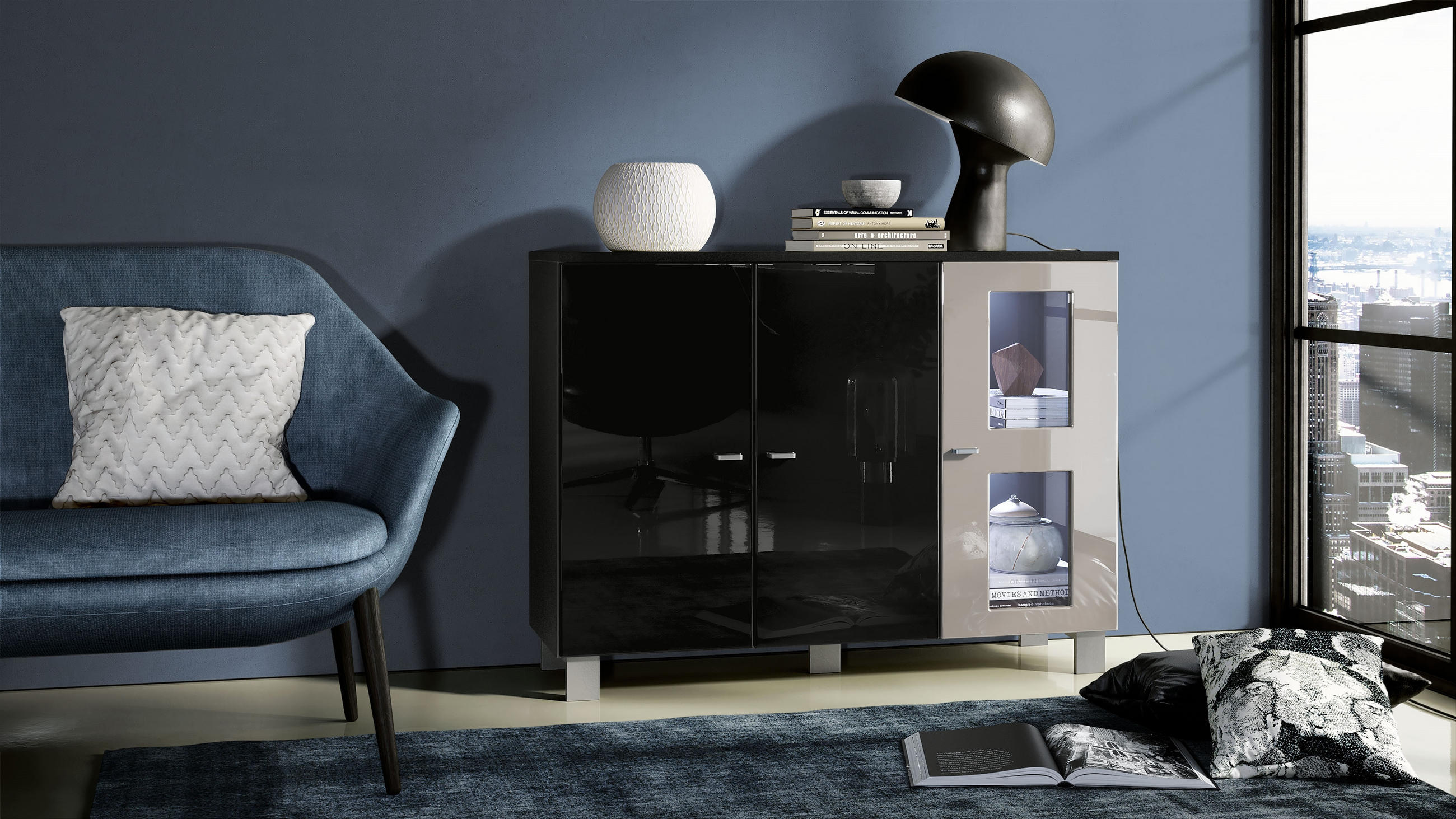 SIDEBOARD Denjo Tür in Sandgrau Hochglanz - Sandfarben, Holzwerkstoff (107/81/35cm) - Vladon