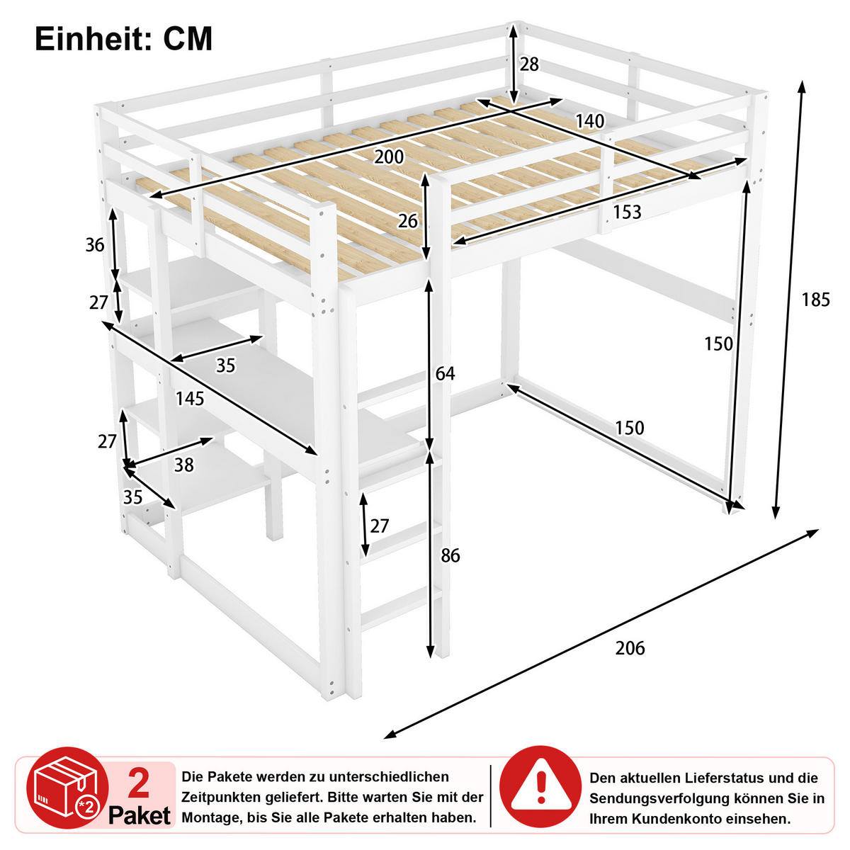 HOCHBETT 140/200 cm in Antikweiß mit Schreibtisch und 4 Ablagefächern - Weiß, Holz/Holzwerkstoff (140/200cm) - CHICFURN