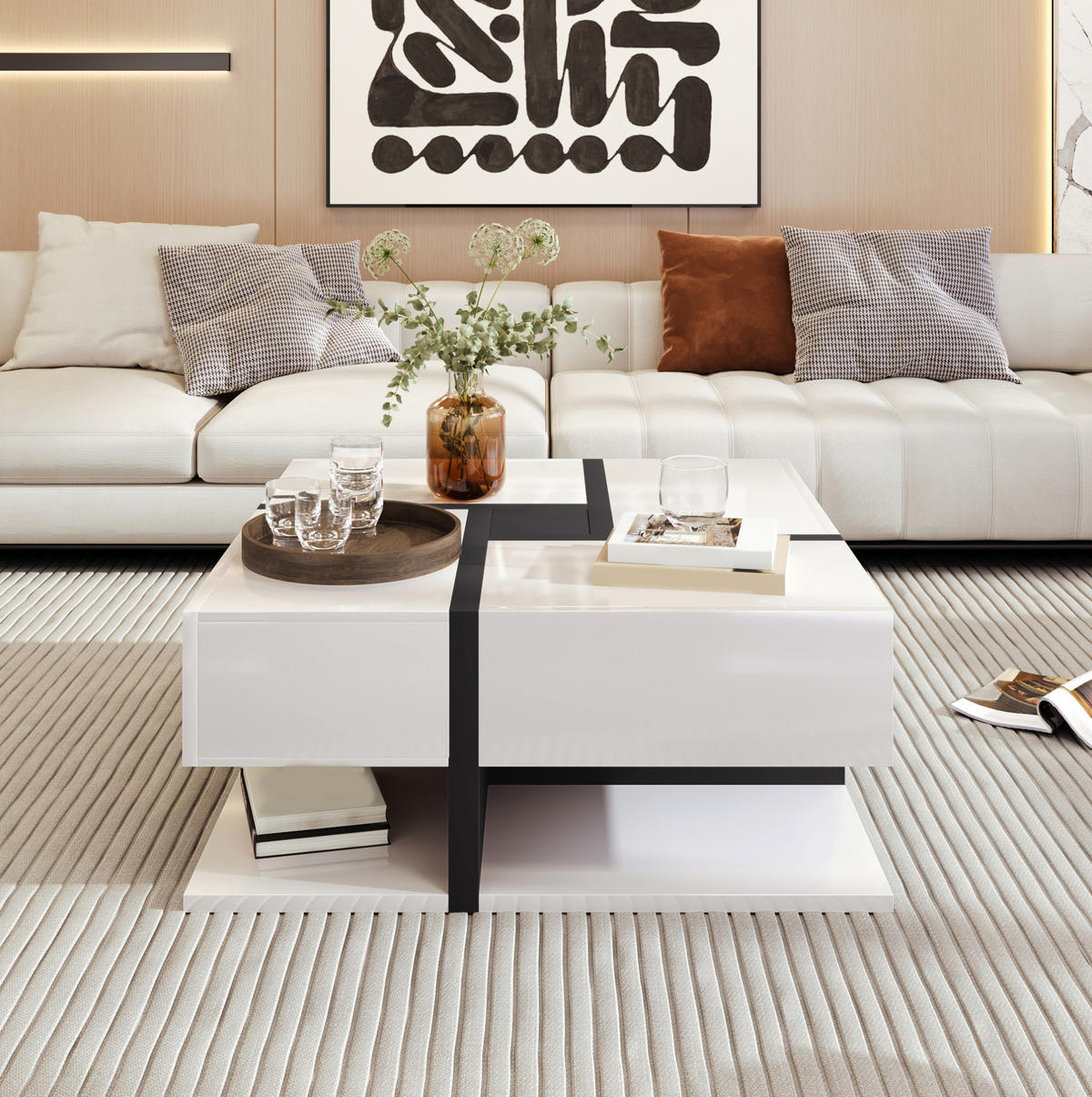 COUCHTISCH mit 4 Schubladen 78x78 cm Hochglanz Weiß - Weiß, Holzwerkstoff (78/78/36cm) - Meubliv