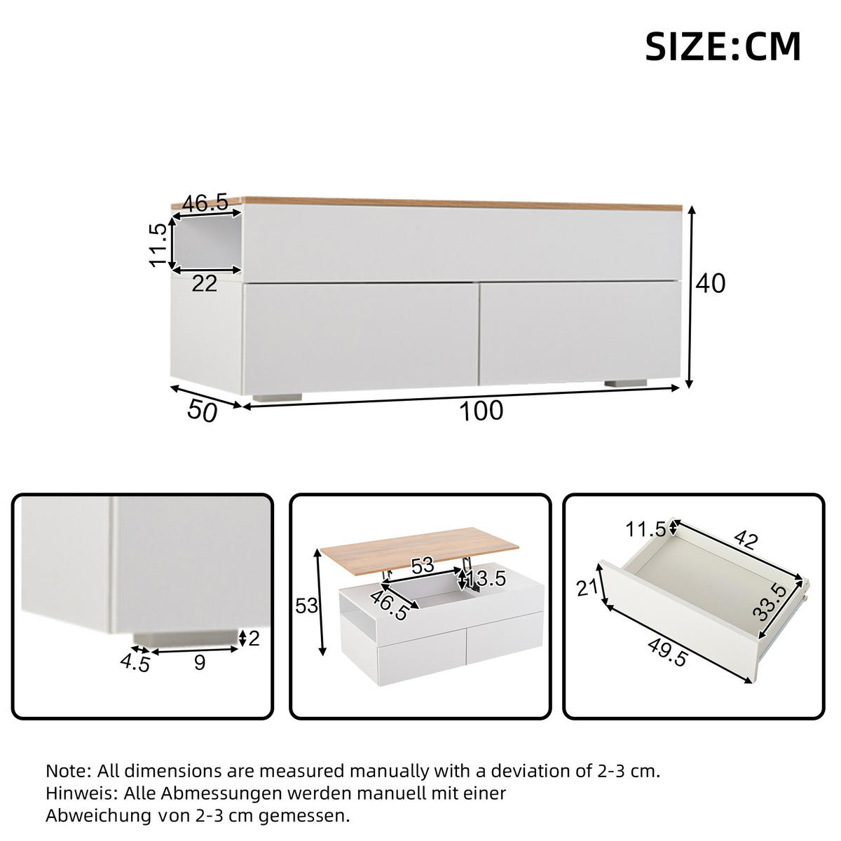 COUCHTISCH 100/50/40 cm Weiß Holzoptik höhenverstellbar mit 2 Schubladen und Stauraum - Weiß, Holzwerkstoff (100/50/40cm) - OKWISH