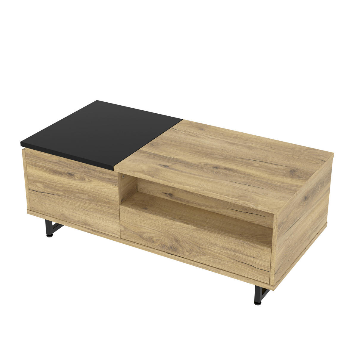 COUCHTISCH aus Holzwerkstoff 103,5x50x27,5 cm Naturfarben/Schwarz mit Lift-Top, LED-Bodenlicht und Stauraum - Naturfarben, Holzwerkstoff (103.5/50/27.5cm) - Modfu