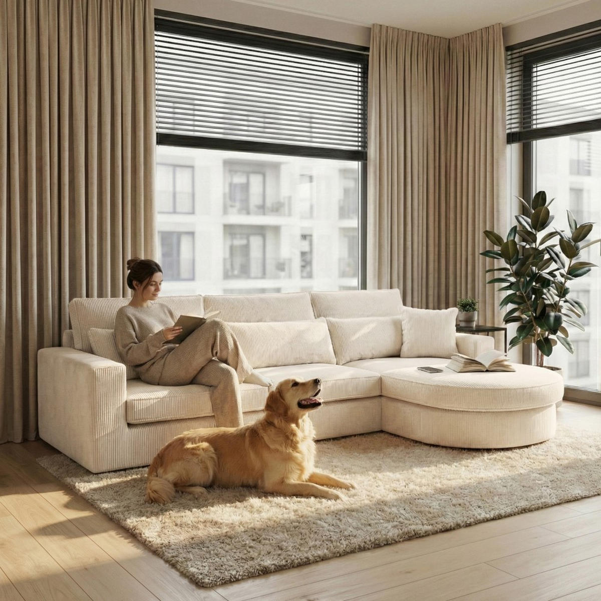 ECKSOFA Pablo ohne Schlaffunktion, mit abgerundeter Ottomane, rechts, Beige - Beige, Textil (319/196cm) - Beautysofa