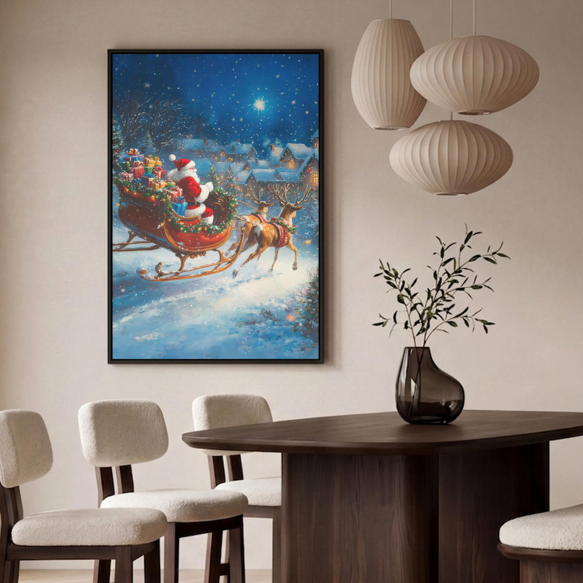 LEINWAND Bilder mit Rahmen - Weihnachtsmann - Rentier - Weihnachten - Schnee - 100x150 - Cognac, Textil (100/150cm) - MuchoWow