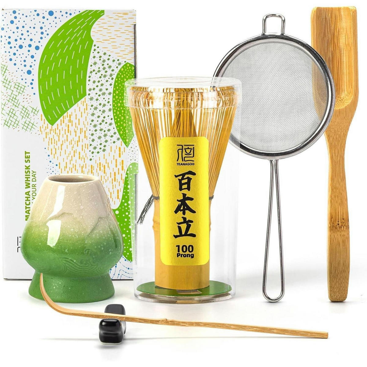 MATCHA Schneebesen Set 6-teilig Bambus mit Halter - Multicolor, Naturmaterialien (6.9/6.9/19.1cm)