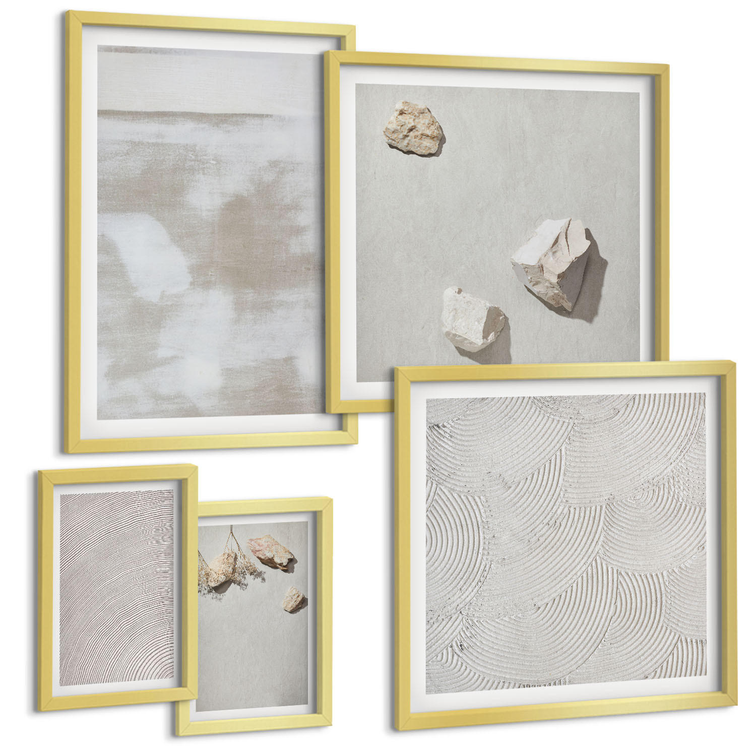 BILDER SET 5er Set - 50x50 cm & 20x30 cm & 40x60 cm Goldrahmen - Boho-Textur aus Sandsteinen - Goldfarben, Kunststoff (40/60cm) - TULUP