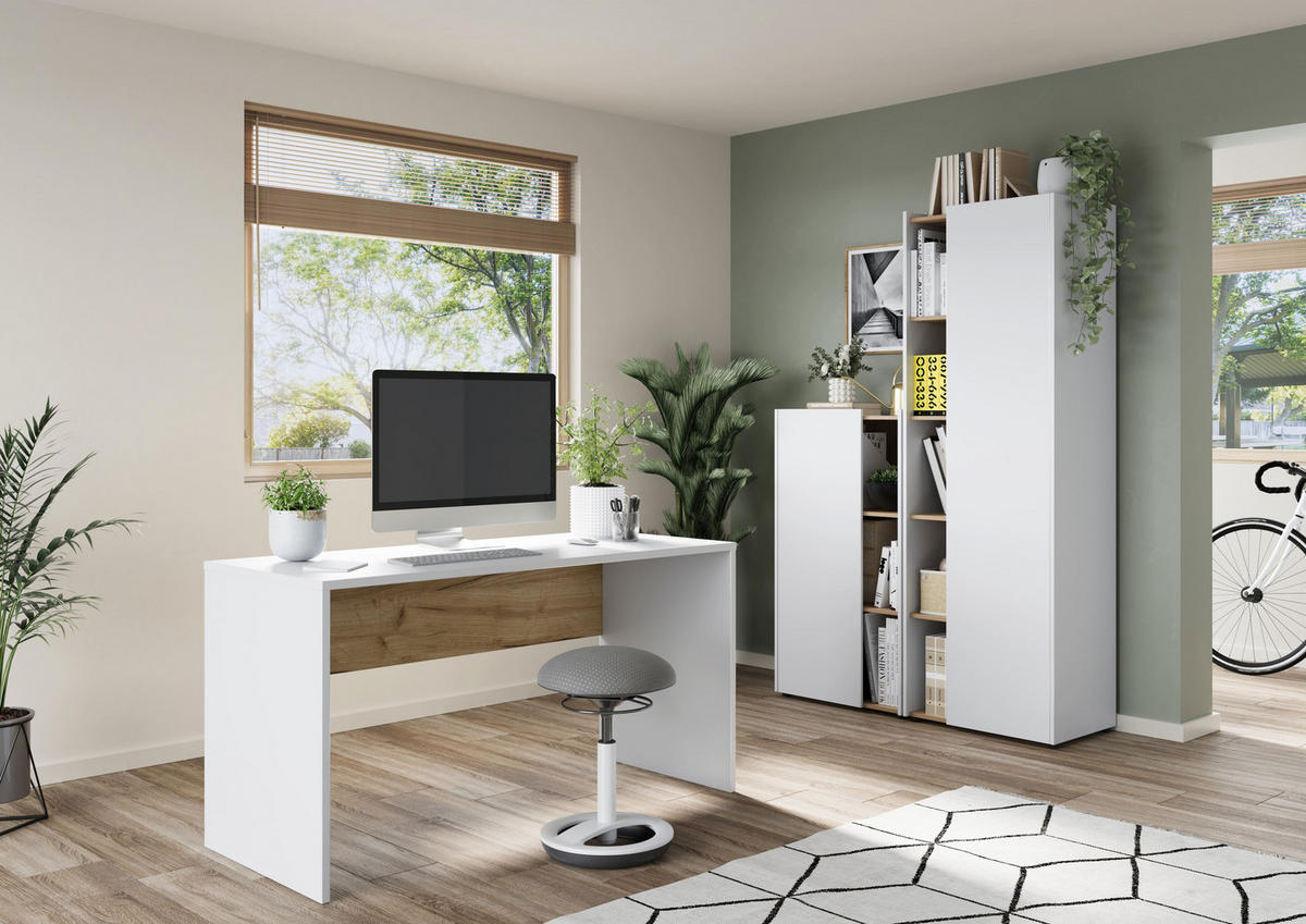 SCHREIBTISCH – Beige/Weiß, 140x60x75 cm, Wangenschreibtisch mit Knieblende, stoßfest - Weiß, Holz/Holzwerkstoff (60/140/75cm) - KADIMA DESIGN