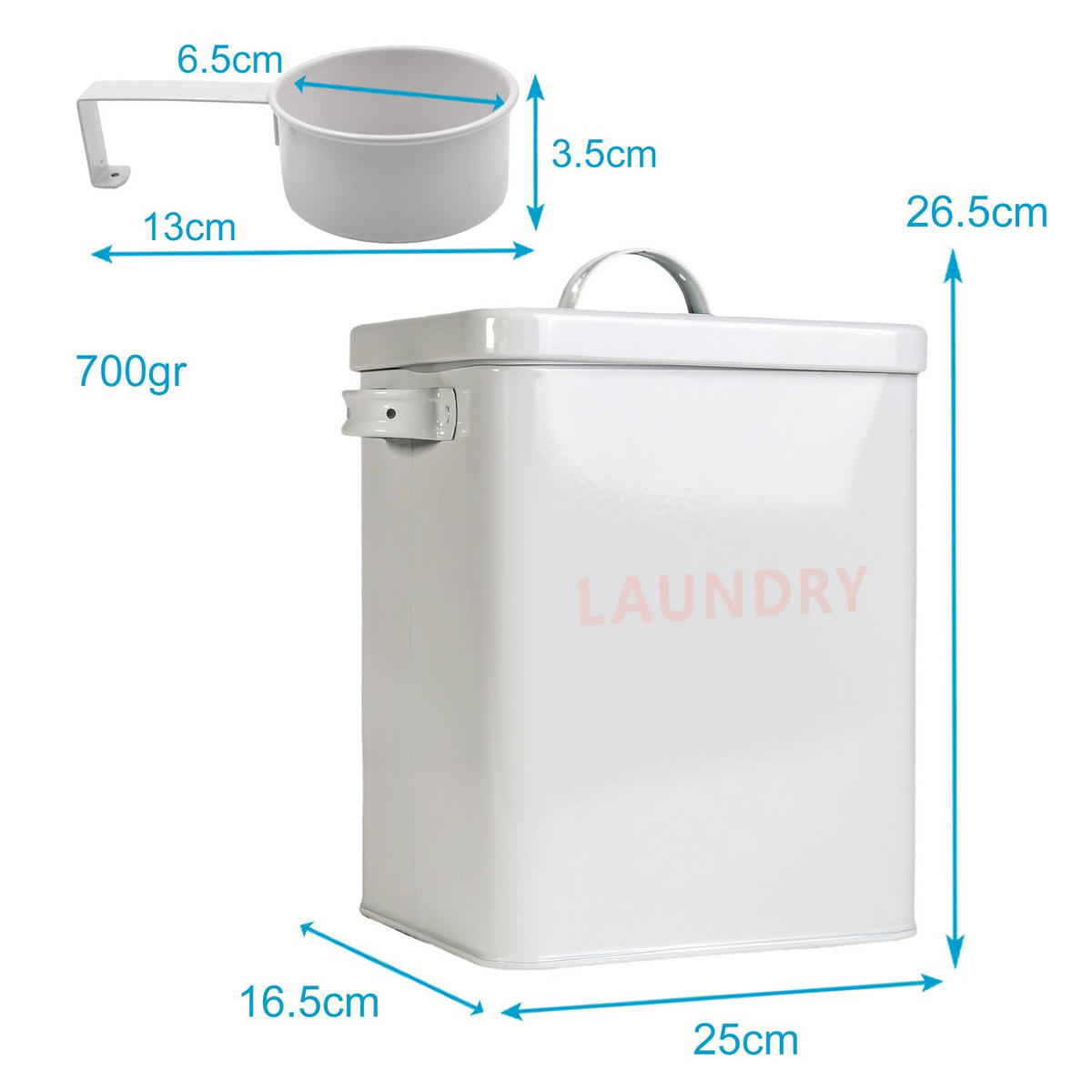 WASCHMITTEL AUFBEWAHRUNGSBOX mit Deckel und Dosierlöffel - Weiß, Metall (18/25/28cm) - Intirilife