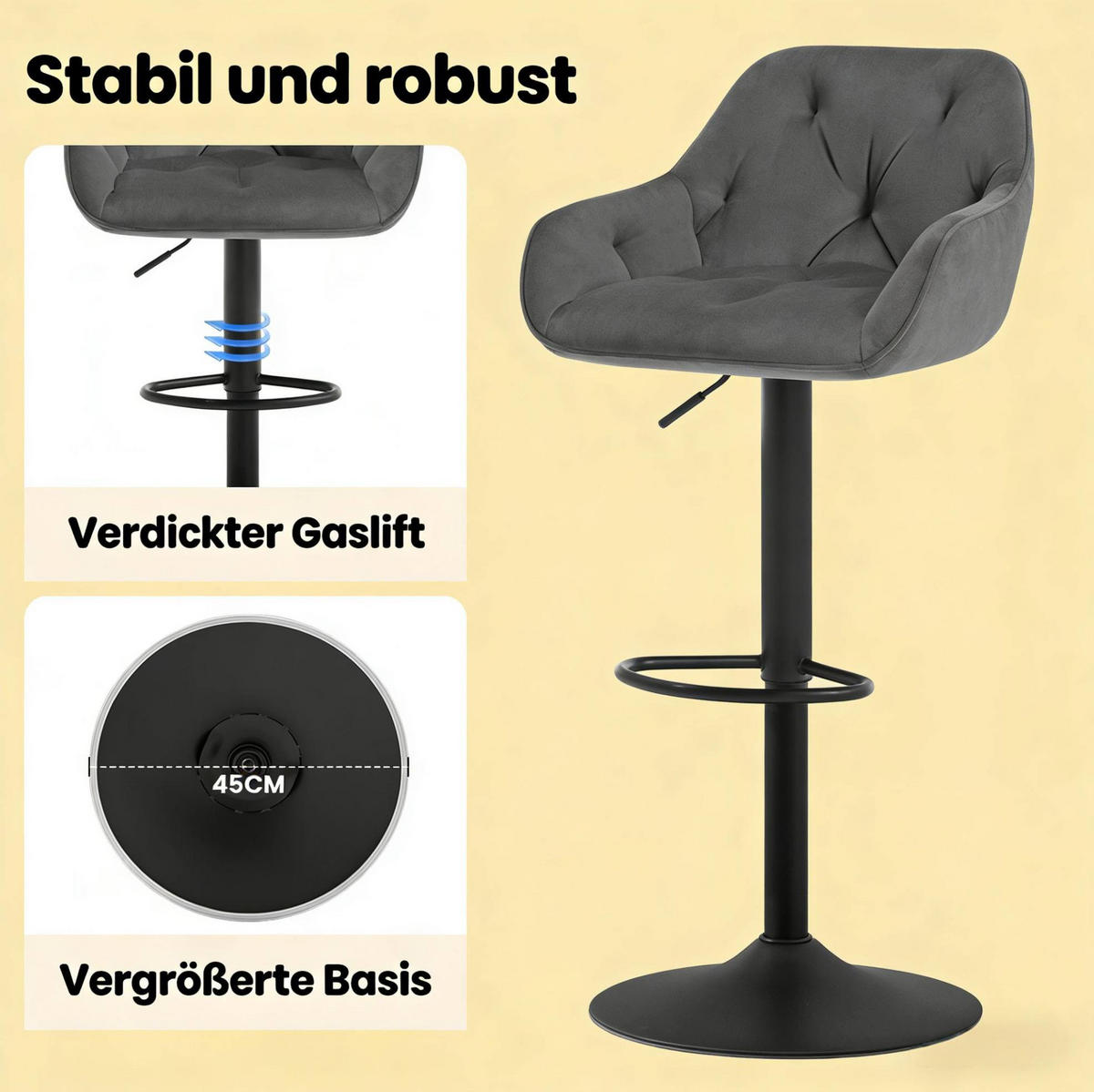 BARHOCKER 2er-Set höhenverstellbar 62,5-84 cm Samt Dunkelgrau - Dunkelgrau, Metall (37/108.5/37.5cm) - Meubliv