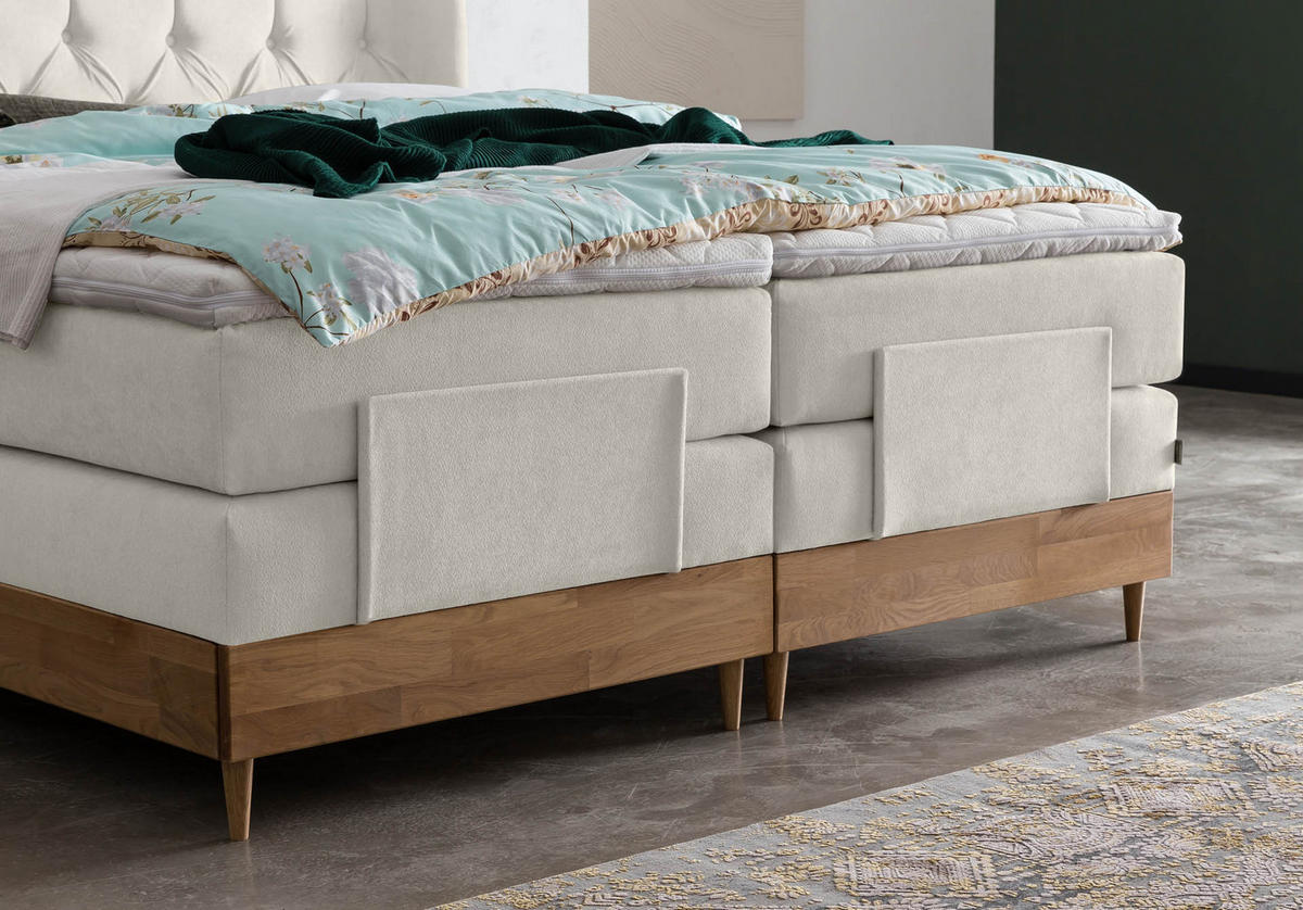 BOXSPRINGBETT ELEKTRISCH VERSTELLBAR EON 160x200 Beige H2 und H3 Bett mit Motor 7-Zonen TFK Matratze inkl. Visco Topper Motorbett mit Eiche - Beige, Textil (160/200cm) - Belanoti