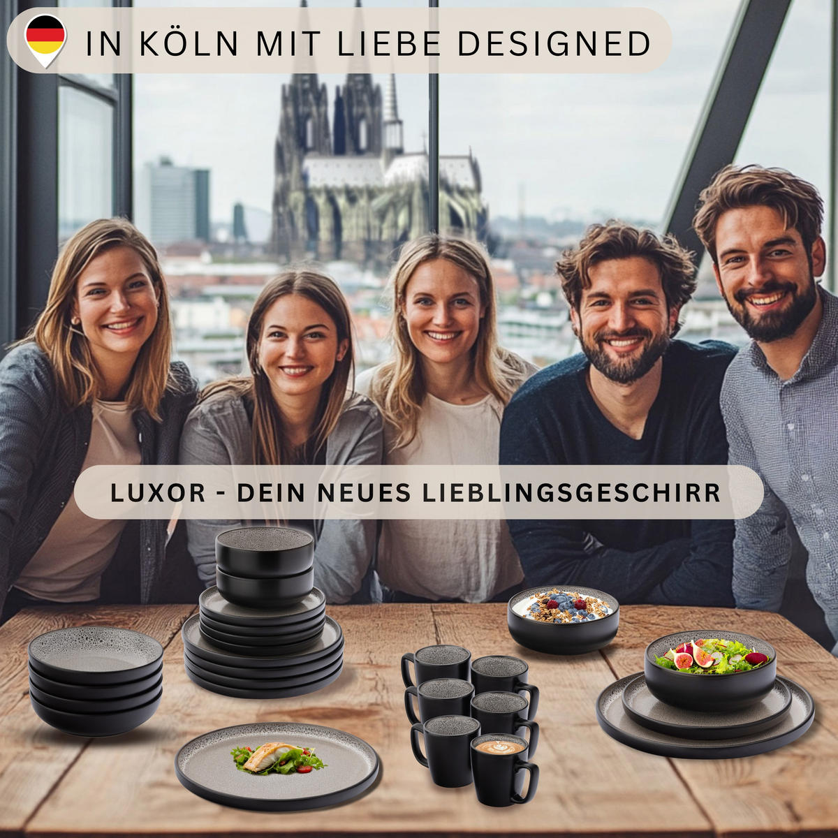 KOMBISERVICE LUXOR - 24 teilig aus Steingut - Beige/Schwarz, Stein (50/30/80cm) - Sänger