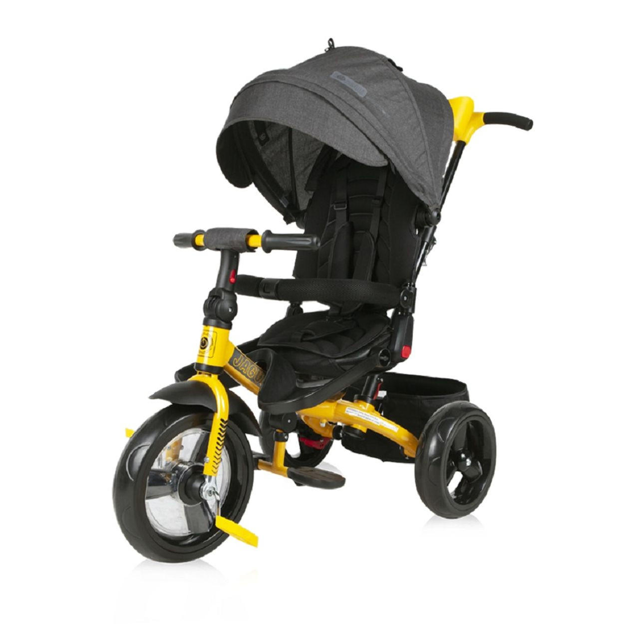 DREIRAD Jaguar 4 in 1 schwarz Schiebestange Sitz drehbar, verstellbar, Faltdach - Gelb, Metall (120/53/103cm) - Lorelli