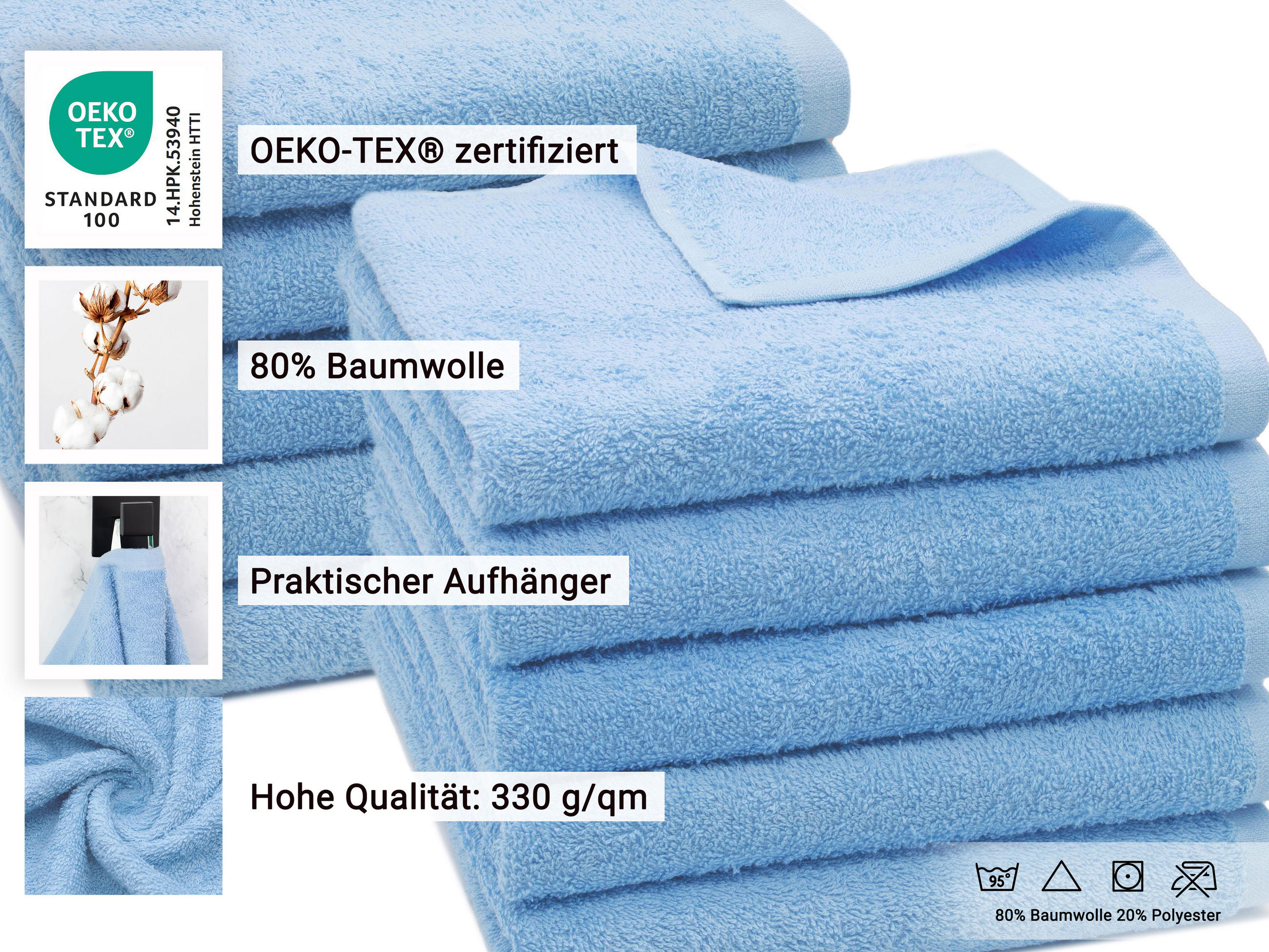 Thumbnail - Zollner Handtücher,, Hellblau, Naturmaterialien, 50x100 cm, Oeko-Tex® Standard 100, Badtextilien, Handtücher