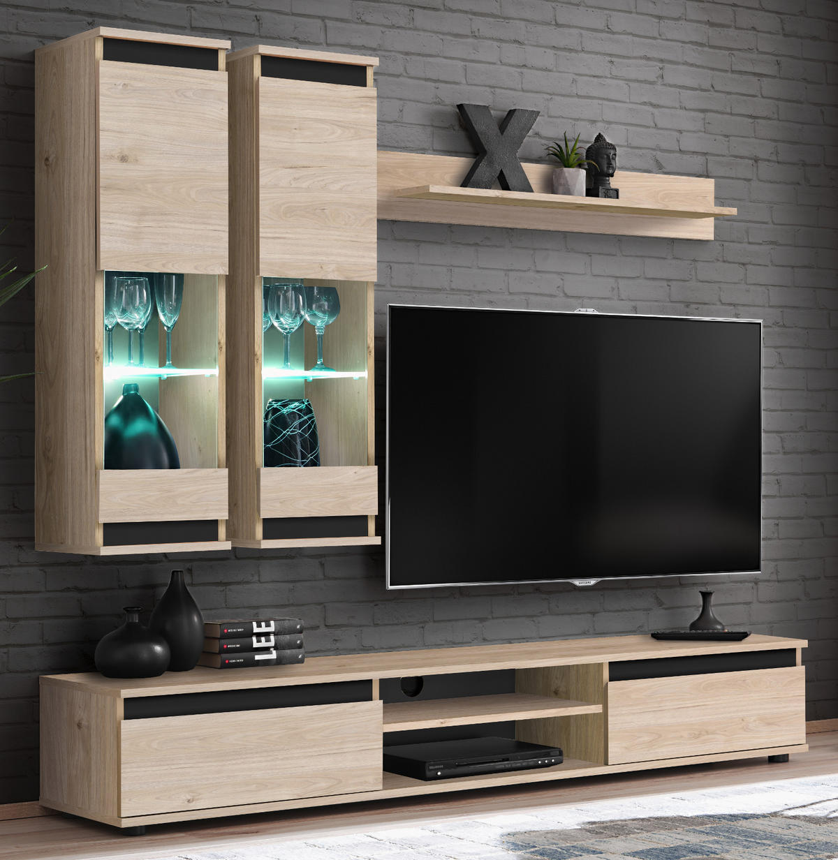 WOHNWAND Eiche Hickory, schwarz 4-teilig 175 cm, Schrankwand mit LED-Beleuchtung - Eichefarben/Schwarz, Glas/Holzwerkstoff (175/150/37cm) - Inn.Furn