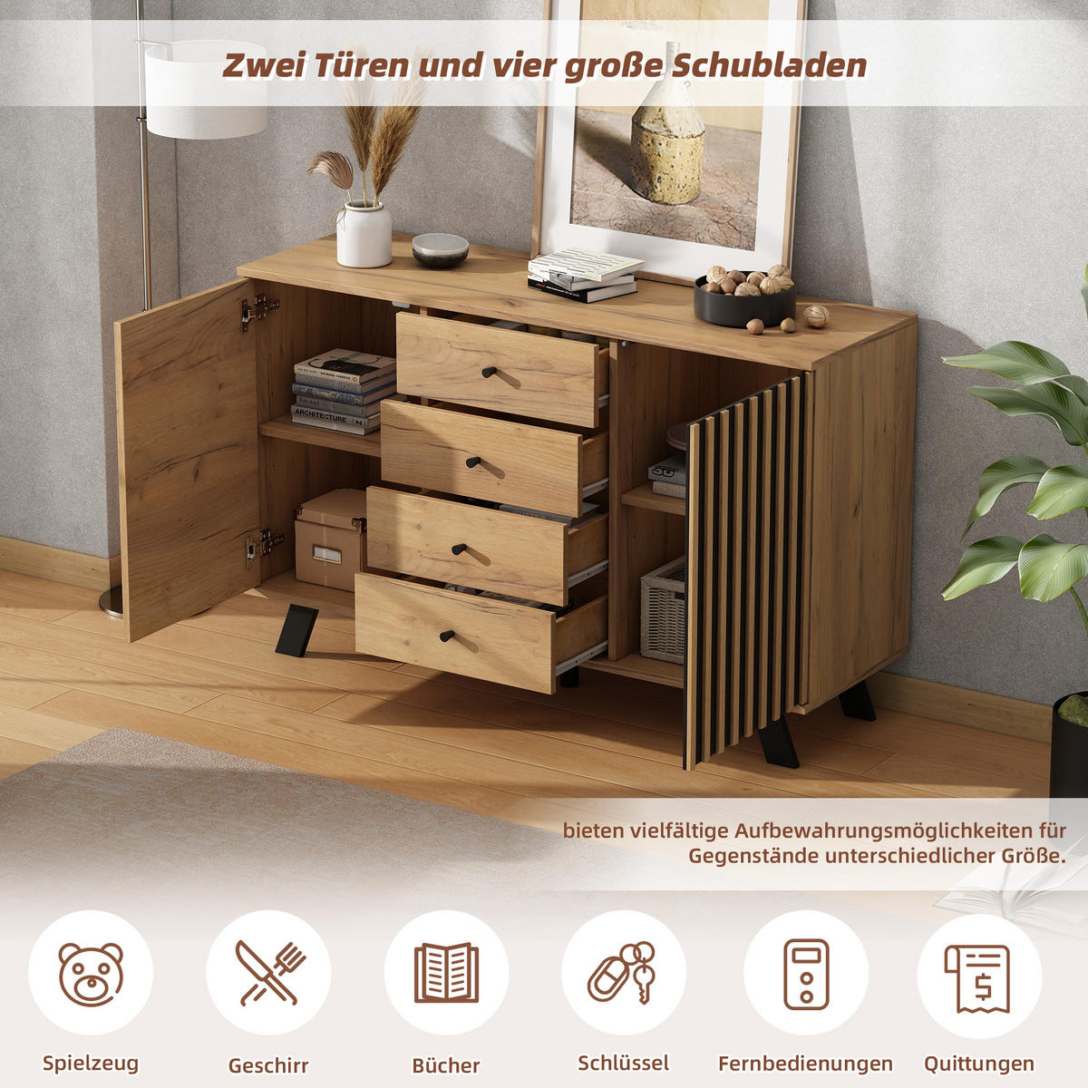 SIDEBOARD 2 Schränke, 4 Schubladen, Hohldekor, Holzfarbe & Schwarz 5 Massivholzbeine, Viel Stauraum - Sonoma Eiche, Holzwerkstoff (120/75/38cm) - Urban Meuble