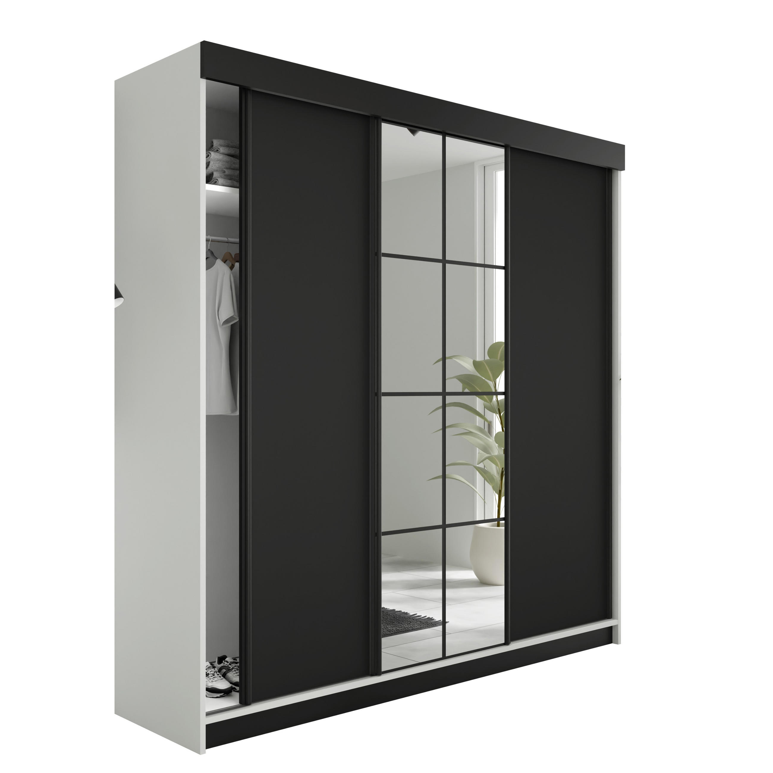 SCHIEBETÜRENSCHRANK LAMARO - 250x205x59cm - Weiß & Schwarz - Schwarz/Weiß, Holzwerkstoff (250/205/59cm) - Kier Furniture