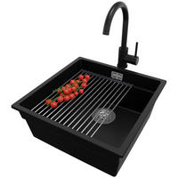 GRANITSPÜLE Praga Slim, 2-er set Schwarz 46/47 cm 1 Becken + Küchenarmatur 32/20 cm + Ablauf-Set + Aufrollbare Abtropffläche ab 50er Unterschrank - Chromfarben/Schwarz, Kunststoff (46/20/47cm) - Primagran