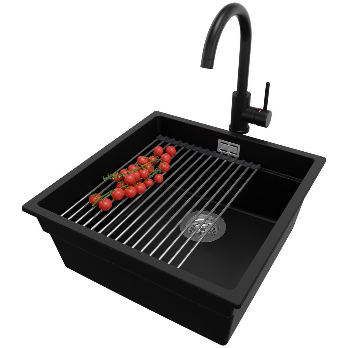 GRANITSPÜLE Praga Slim, 2-er set Schwarz 46/47 cm 1 Becken + Küchenarmatur 32/20 cm + Ablauf-Set + Aufrollbare Abtropffläche ab 50er Unterschrank - Chromfarben/Schwarz, Kunststoff (46/20/47cm) - Primagran