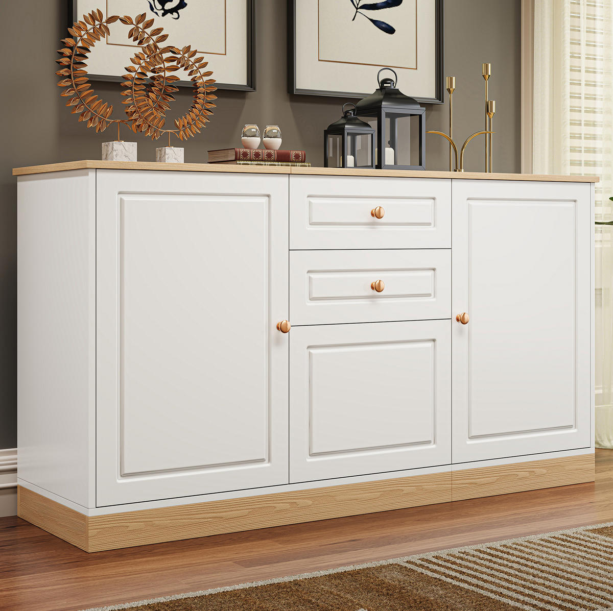 SIDEBOARD 135,5/39/76 cm mit 3 Türen, 2 Schubladen und verstellbaren Einlegeböden, Weiß und Holzfarbe - Weiß, Holzwerkstoff (135.5/76/39cm) - Redom