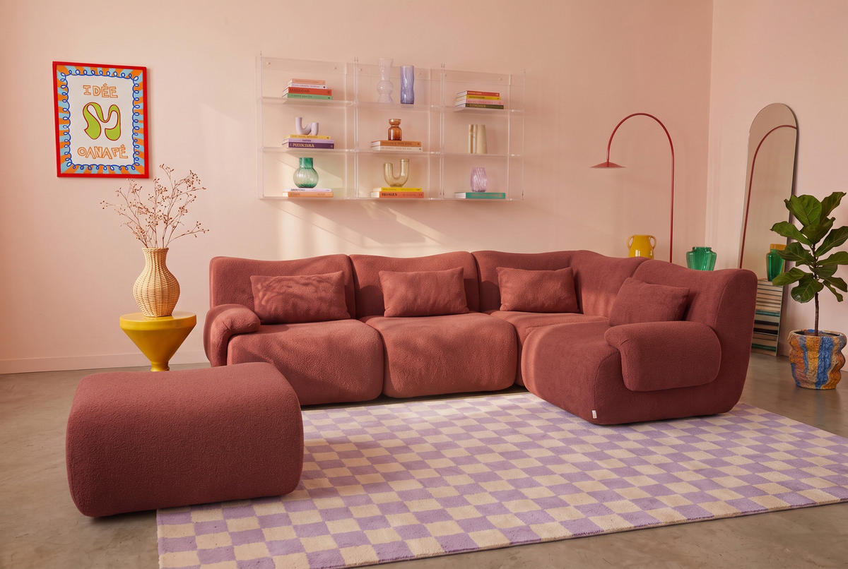 ROHOVÁ sedačka bouclé tkanina terakotovo červená - terakotová, textil (269/190cm) - MILYsofa