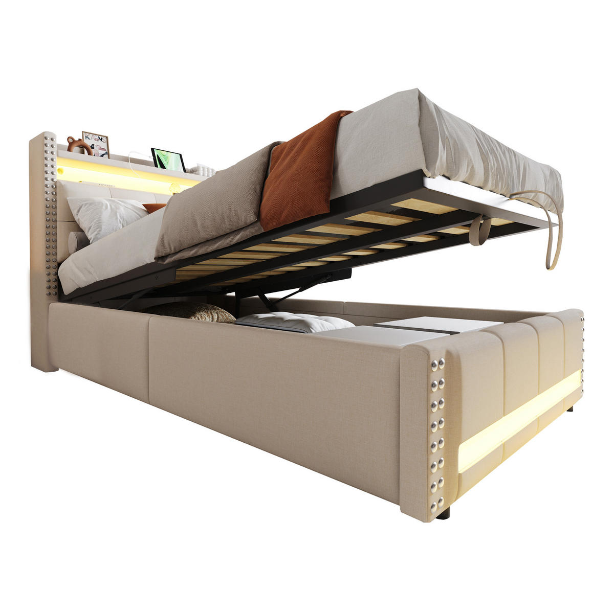 POLSTERBETT mit LED-Beleuchtung 90/200 cm mit Bettkasten und USB-Anschluss - Beige, Textil (90/200cm) - BEAOK