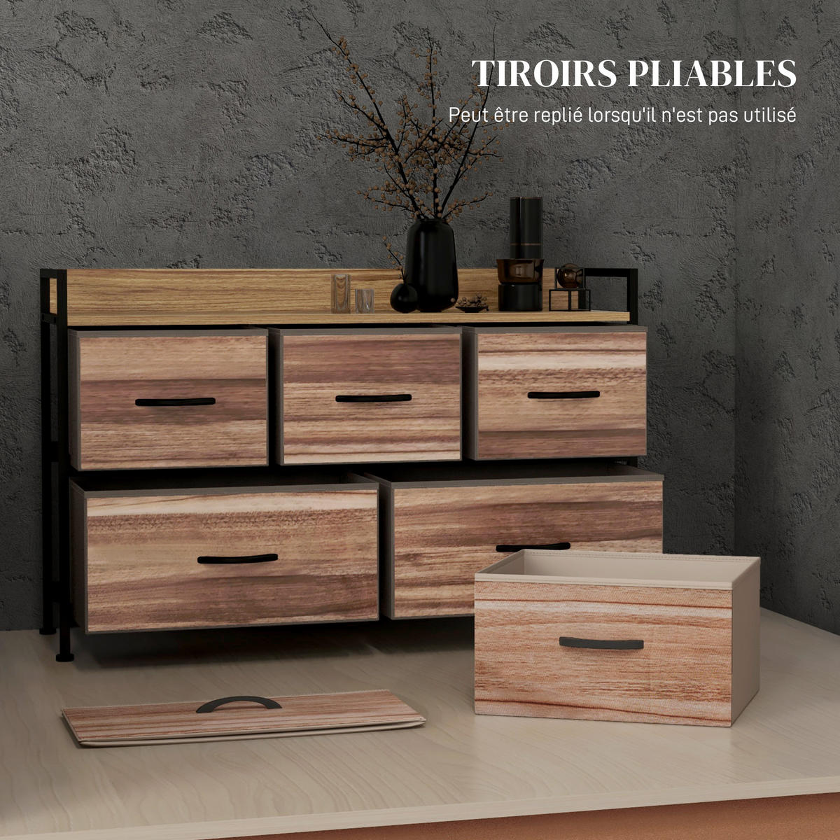 KOMMODE Schwarz mit 5 Schubladen 98/29/63 cm - Eichefarben, Textil (98/63/29cm) - PANGIVO
