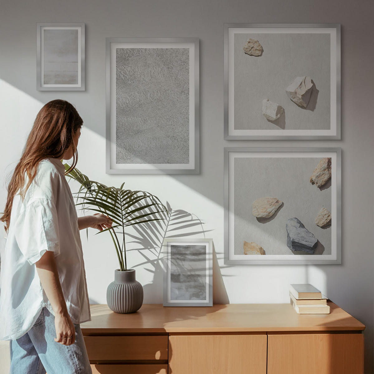 WANDBILDER 5er Set - 50x50 cm & 20x30 cm & 40x60 cm Silberner Rahmen - Moderne minimalistische Texturen - Silberfarben, Kunststoff (40/60cm) - ArtPrintCave