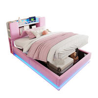KINDERBETT 90/200 cm mit LED-Beleuchtung, USB-Anschluss und hydraulischem Stauraum, Samtbezug, Rosa - Rosa, Textil (90/200cm) - Redom