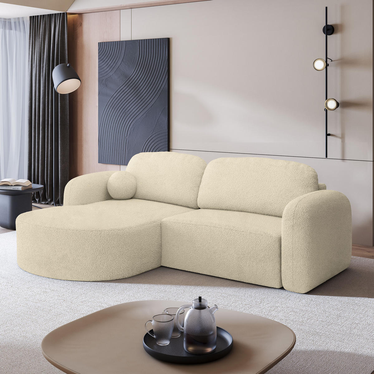 ECKSOFA AMILIA L-S Creme Boucle-Stoff mit Schlaffunktion - Creme, Holz (263/174cm) - MASSENO