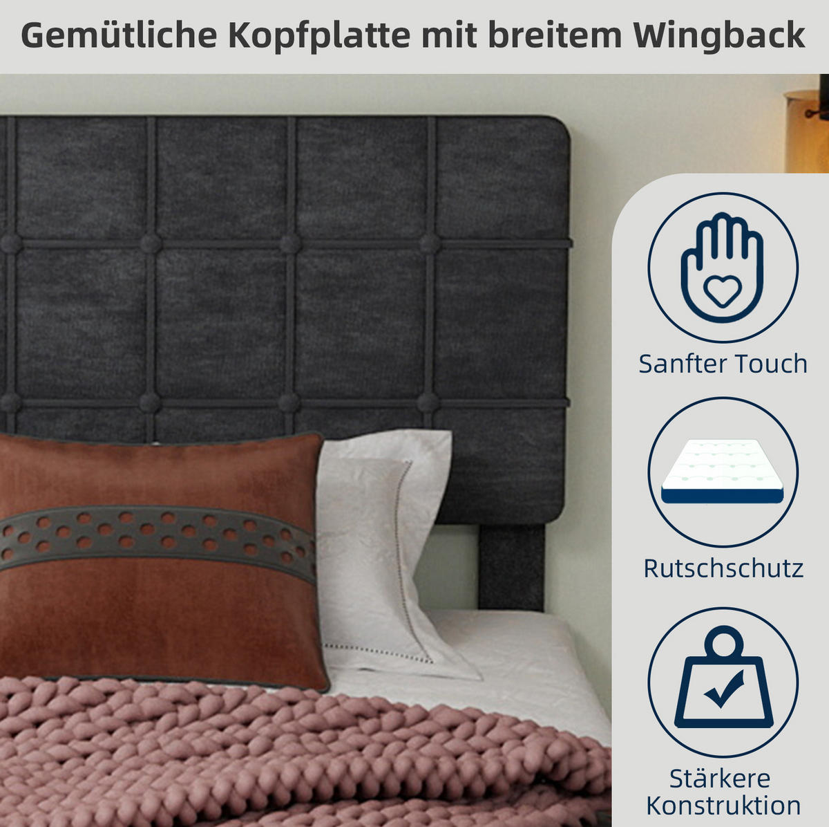 POLSTERBETT 160/200 cm aus Samt mit karierter Kopfteilpolsterung und Holzfüßen, Grau - Grau, Textil (160/200cm) - Redom