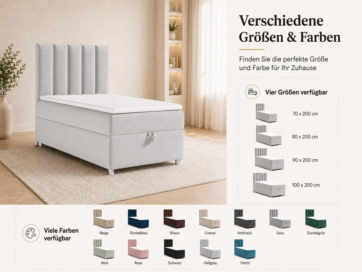 BOXBETT mit Bettkasten Trinity K-10 SINGLE Bonellfederkern inkl. Topper - Silberfarben, Holz/Holzwerkstoff (100/200cm) - Best For Home