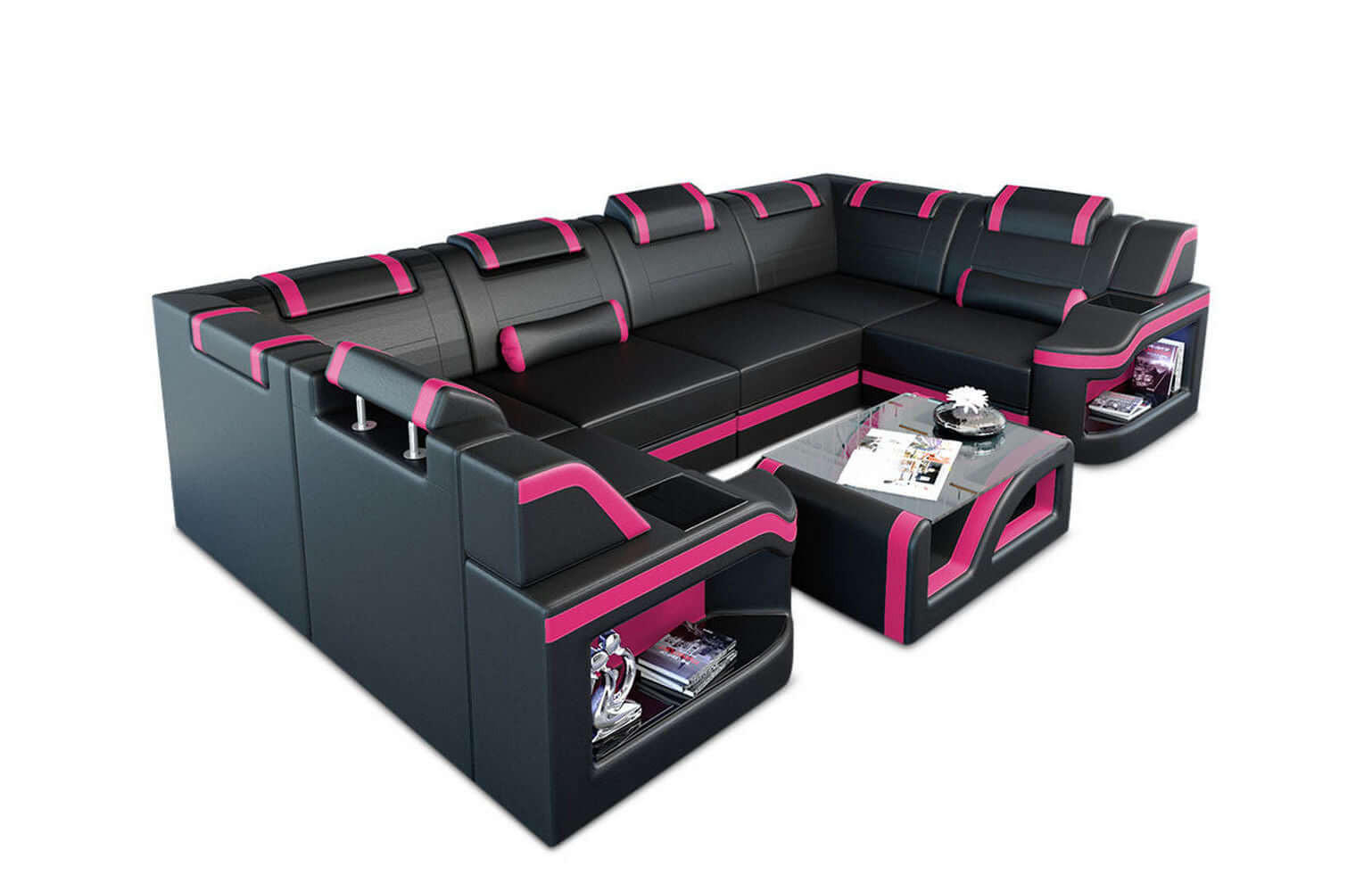 WOHNLANDSCHAFT Sofa Padua U Schwarz Pink Büffelleder - Schwarz, Leder (308/80/185cm)