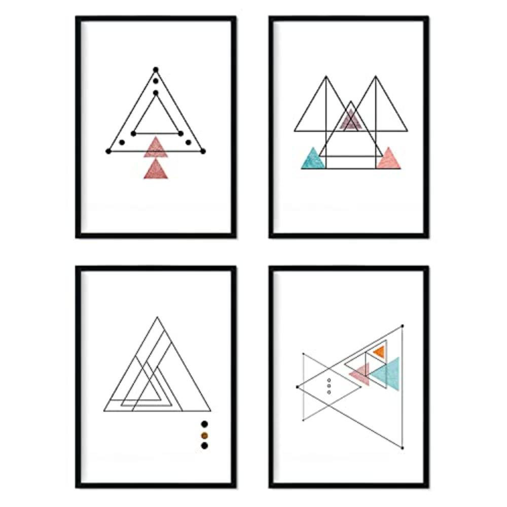 POSTER Set mit 4 dünne Linien Nordischen Dreiecke geometrische Blätter in Rot und Blau A4 Rahmenlos - Klar, Papier (29.7/3cm) - Nacnic