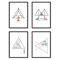 POSTER Set mit 4 dünne Linien Nordischen Dreiecke geometrische Blätter in Rot und Blau A4 Rahmenlos - Klar, Papier (29.7/3cm) - Nacnic