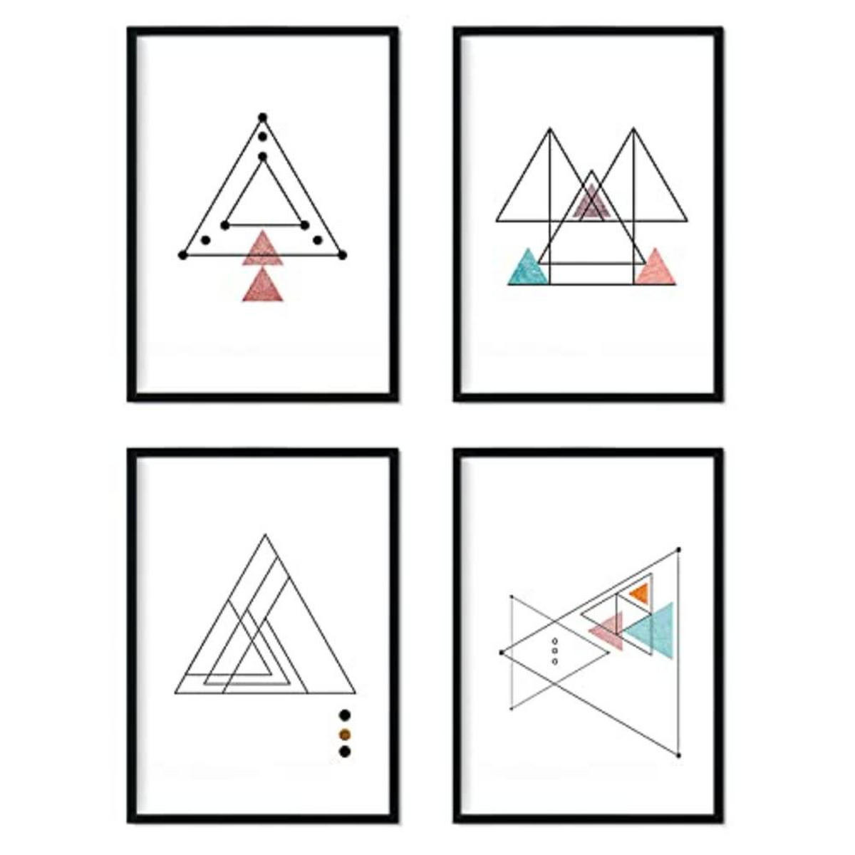 POSTER Set mit 4 dünne Linien Nordischen Dreiecke geometrische Blätter in Rot und Blau A4 Rahmenlos - Klar, Papier (29.7/3cm) - Nacnic