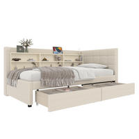 POLSTERBETT aus Leinen 90x200 cm in Beige mit USB-C & 2 Schubladen - Beige, Textil (90/200cm) - Modfu