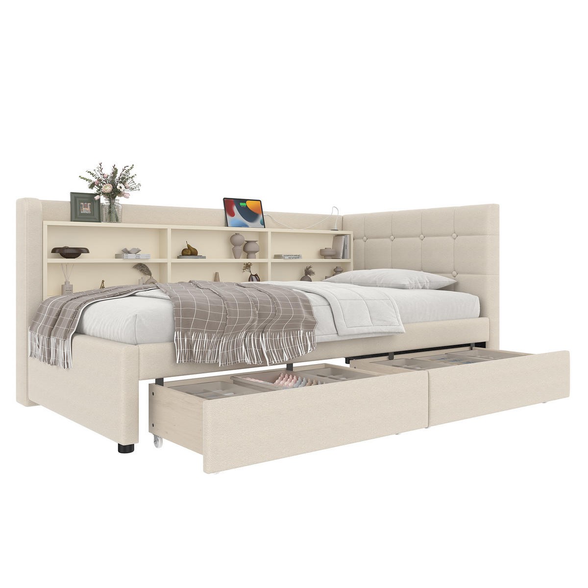 POLSTERBETT 90/200 cm beige mit 2 Schubladen und USB-Anschluss - Beige, Textil (90/200cm) - OKWISH