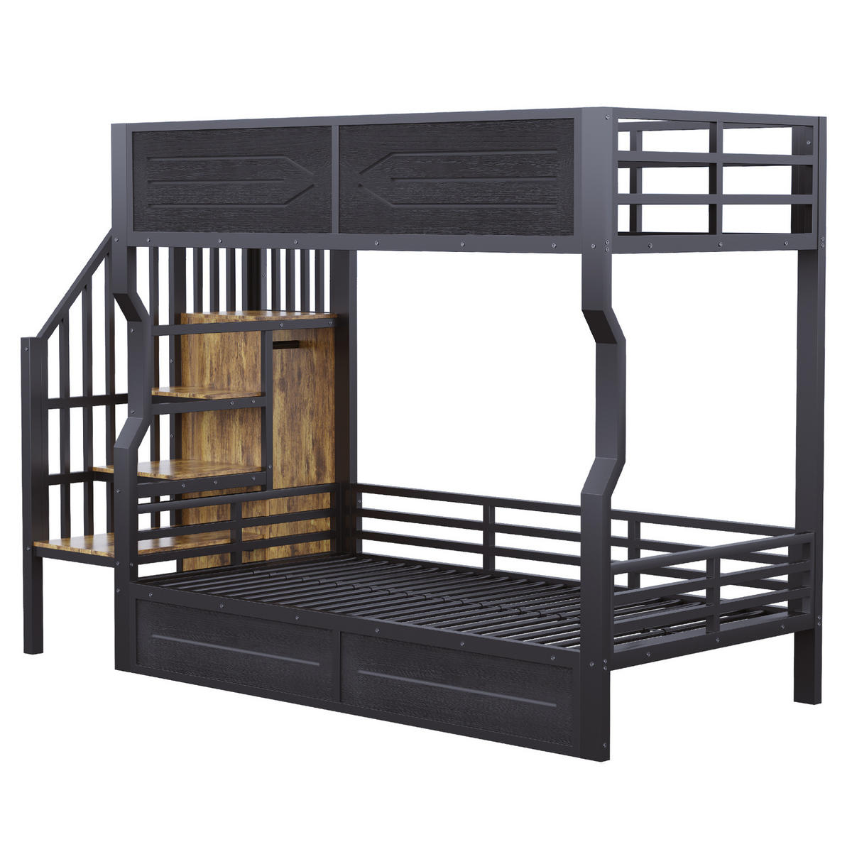 HOCHBETT 90/200 cm aus Metall und MDF mit LED-Beleuchtung, Stauraumtreppe und Sicherheitsgitter, Schwarz - Schwarz, Metall (90/200cm) - Redom